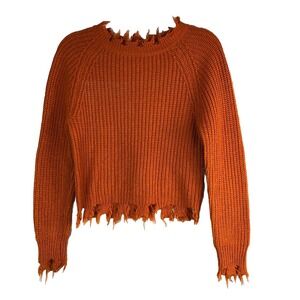 Full Circle Trends Womens Crop Sweater Large Orange Raw Hem Chunky Pullover